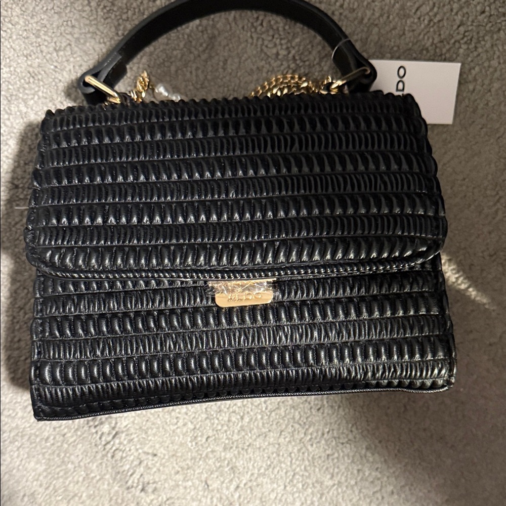 Aldo Black Quilted Mini Top-Handle Bag with Gold Chain Accent